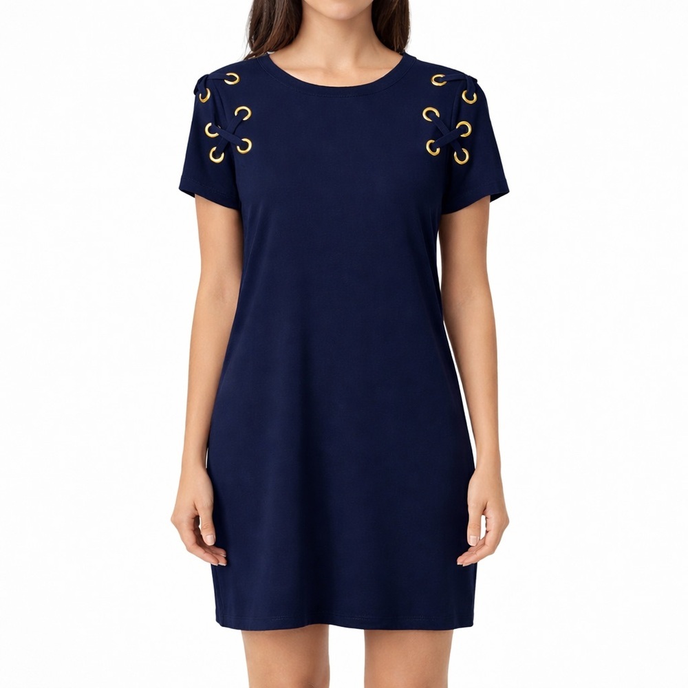 Michael Kors Navy Grommet Lace Up Shoulder Shift Dress Medium Gold